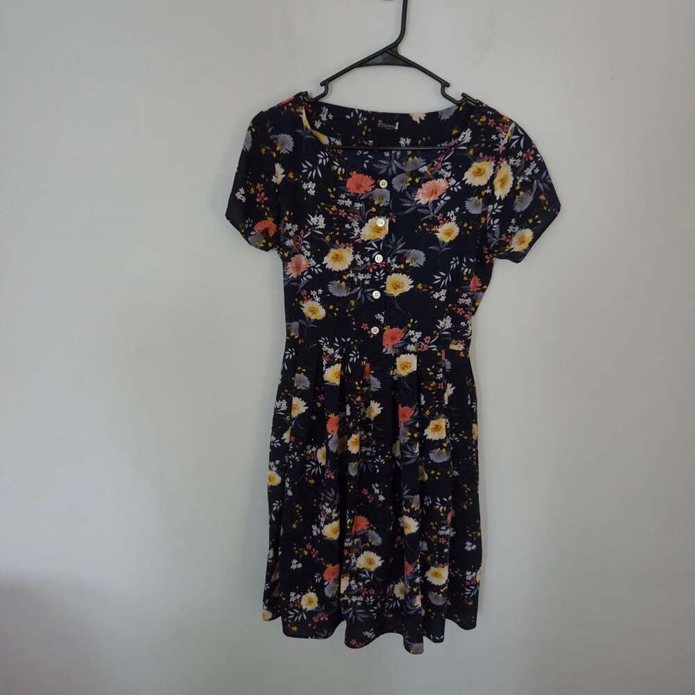 Dress4you Navy Blue Floral Short Sleeve Button Front Fit and Flare Dress